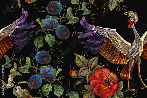 Embroidery crane birds, vine grapes and roses seamless pattern. Template for clothes, textiles, t-shirt design. Classical fashion art background