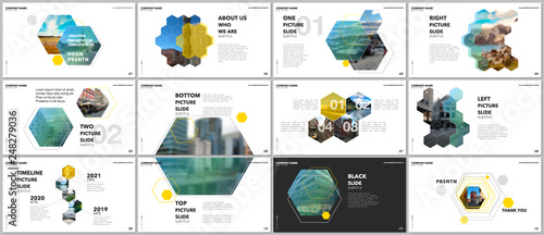 Minimal presentations design, portfolio vector templates with hexagons and hexagonal elements. Multipurpose template for presentation slide, flyer leaflet, brochure cover, report, advertising.