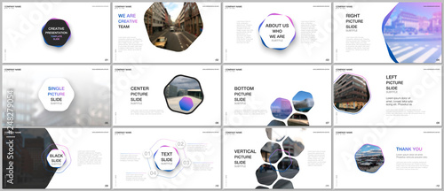 Minimal presentations design, portfolio vector templates with hexagons and hexagonal elements. Multipurpose template for presentation slide, flyer leaflet, brochure cover, report, advertising.