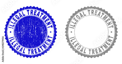 Grunge ILLEGAL TREATMENT stamp seals isolated on a white background. Rosette seals with distress texture in blue and grey colors.