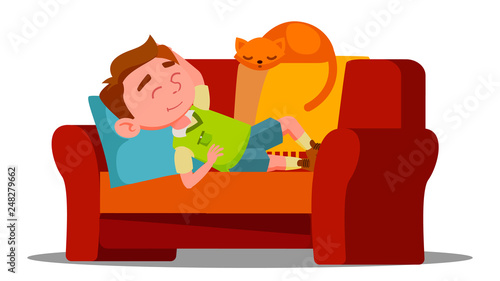 Tired Little Boy Sleeping On The Couch Next To Sleeping Cat Vector. Isolated Illustration