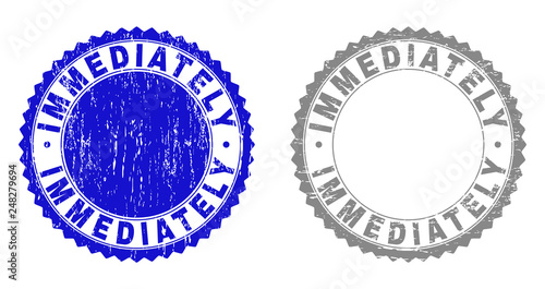 Grunge IMMEDIATELY stamp seals isolated on a white background. Rosette seals with distress texture in blue and grey colors. Vector rubber stamp imprint of IMMEDIATELY label inside round rosette.