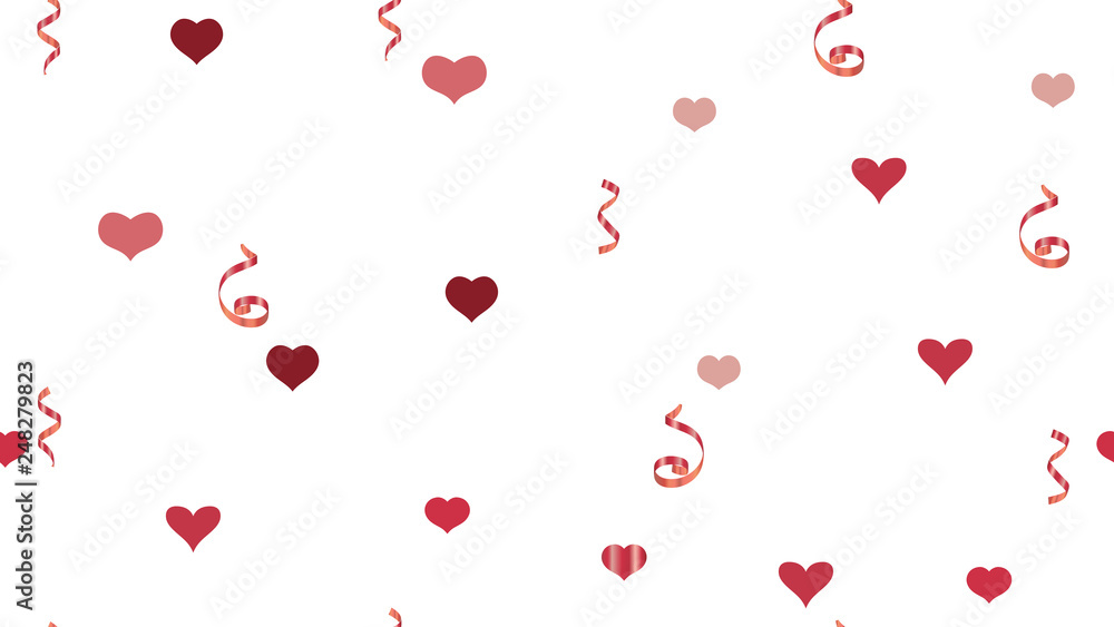 Element of packaging, textiles, wallpaper, banner, printing. Vector Seamless Pattern on a White Background. Stylish Pattern of Hearts and Serpentine. Falling Red confetti.