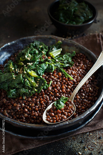 Black lentils and spinach stew