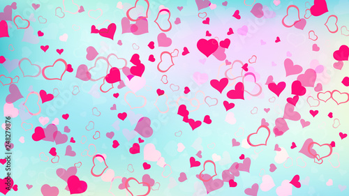 Red on Ggradient background Vector. Red hearts of confetti are flying. Spring background. Part of the design of wallpaper, textiles, packaging, printing, holiday invitation for Valentine's Day.