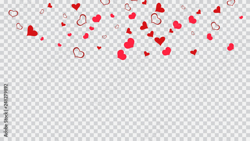 Red hearts of confetti are flying. Happy background. The idea of wallpaper design, textiles, packaging, printing, holiday invitation for wedding. Red on Transparent fond Vector.