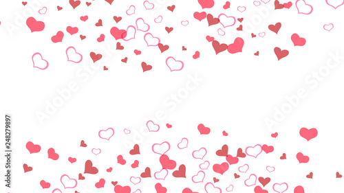 Red hearts of confetti crumbled. Red on White fond Vector. The idea of wallpaper design, textiles, packaging, printing, holiday invitation for birthday. Light background.