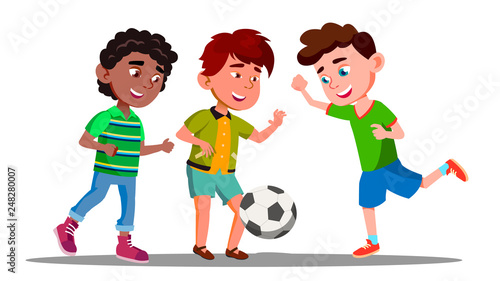 Afro American, European And Asian Boys Play Football In International Football Team Vector. Isolated Illustration