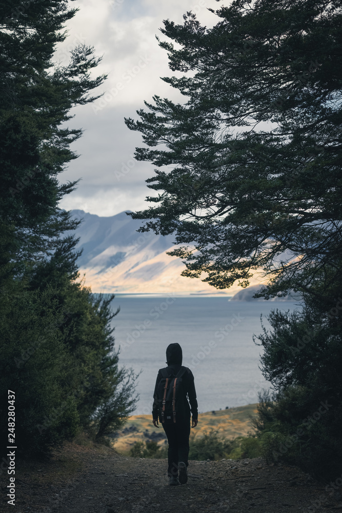 Hiker walking in the woods overlooking a lake Hiker walking in the woods overlooking a lake