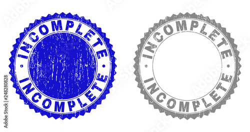 Grunge INCOMPLETE stamp seals isolated on a white background. Rosette seals with grunge texture in blue and gray colors. Vector rubber stamp imprint of INCOMPLETE tag inside round rosette.