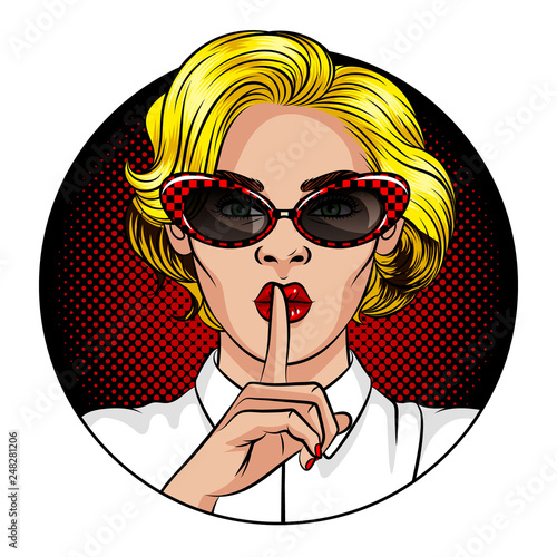 Color vector illustration in the style of comic pop art. A girl with blond hair and red lips. The girl holds the index finger at the mouth. The girl shows a sign of silence. Girl in vintage glasses
