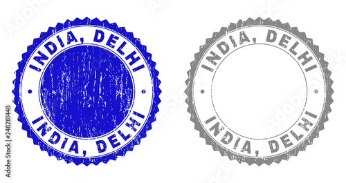 Grunge INDIA, DELHI stamp seals isolated on a white background. Rosette seals with grunge texture in blue and grey colors. Vector rubber stamp imprint of INDIA, DELHI tag inside round rosette.