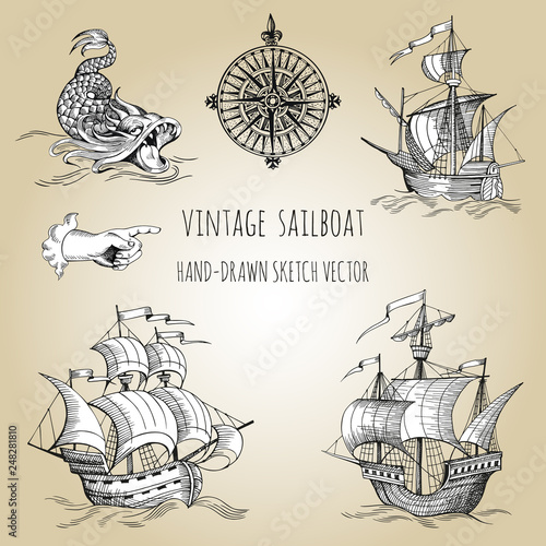 Old caravel, vintage sailboat. Hand drawn vector sketch.