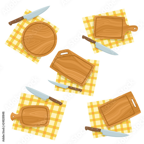 Cartoon set with cutting board, knife, napkin isolated on white