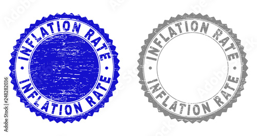 Grunge INFLATION RATE stamp seals isolated on a white background. Rosette seals with grunge texture in blue and gray colors. Vector rubber overlay of INFLATION RATE text inside round rosette.
