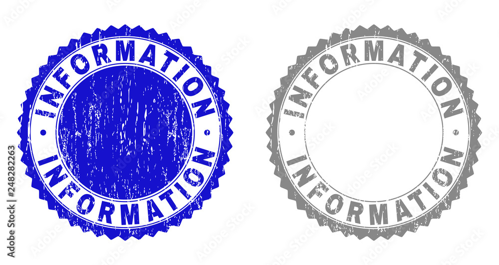 Grunge INFORMATION stamp seals isolated on a white background. Rosette seals with distress texture in blue and grey colors. Vector rubber stamp imprint of INFORMATION text inside round rosette.