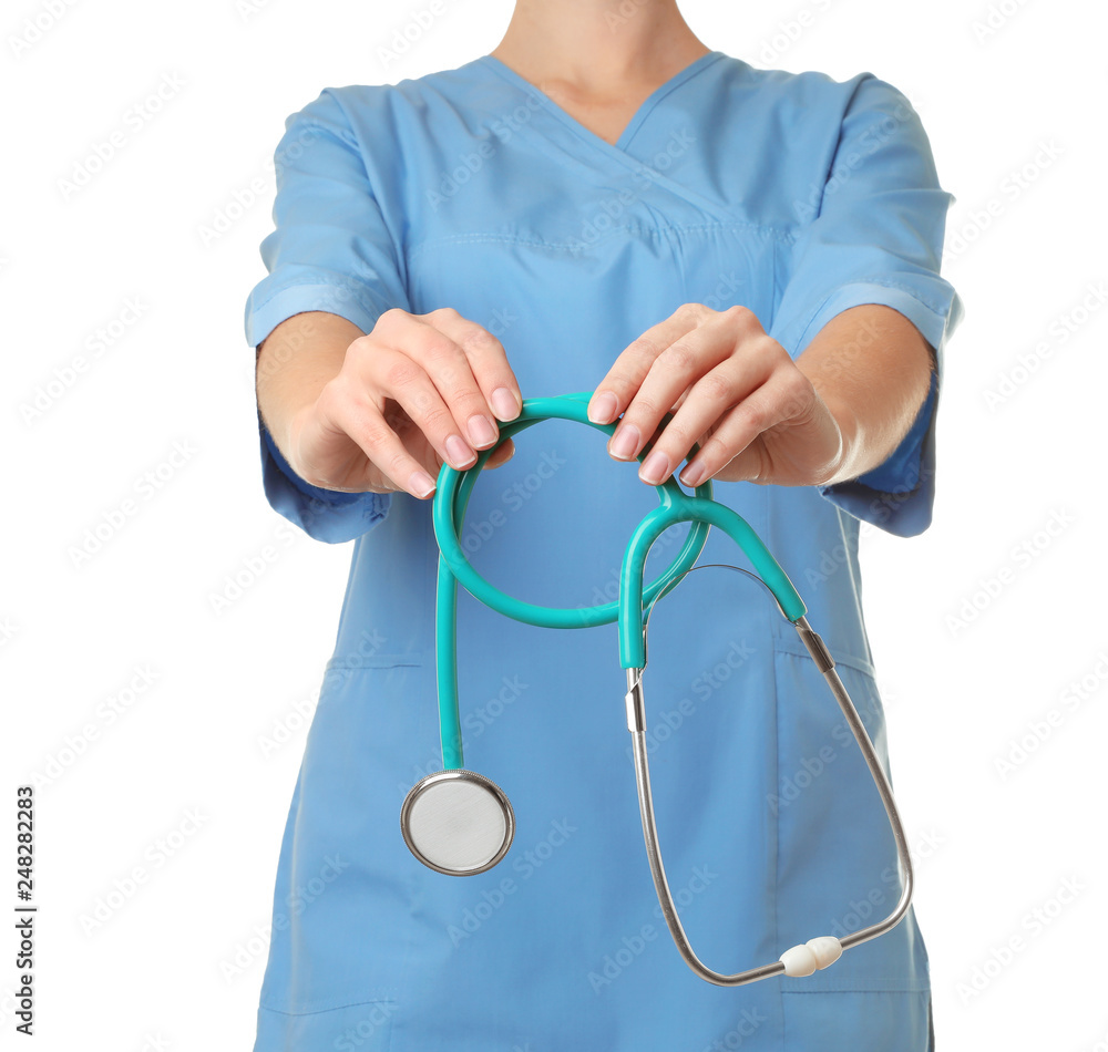 Female doctor with stethoscope on white background, closeup. Medical object Female doctor with stethoscope on white background, closeup. Medical object