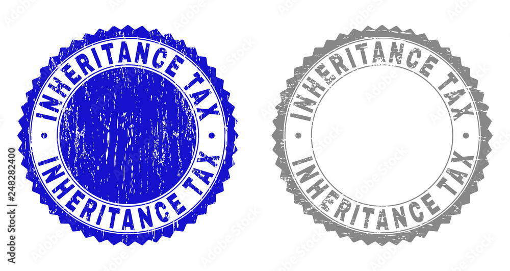Grunge INHERITANCE TAX stamp seals isolated on a white background. Rosette seals with grunge texture in blue and grey colors. Vector rubber overlay of INHERITANCE TAX title inside round rosette. Grunge INHERITANCE TAX stamp seals isolated on a white background. Rosette seals with grunge texture in blue and grey colors. Vector rubber overlay of INHERITANCE TAX title inside round rosette.
