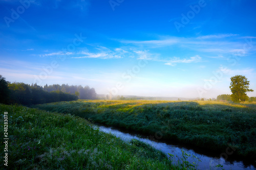 Early morning on the river. beautiful summer landscape with sun and fog