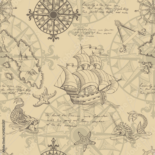 Old caravel, vintage sailboat, sea monster. Vector seamless pattern