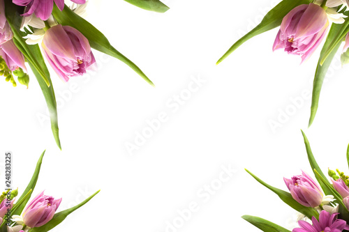 Pink flowers. Frame with rose flowers and tulip. Easter  spring concept. Flat lay  top view