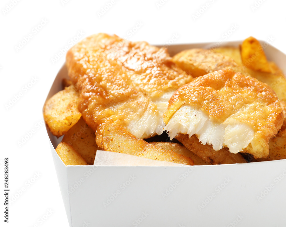 Disposable container with British Traditional Fish and potato chips on white background