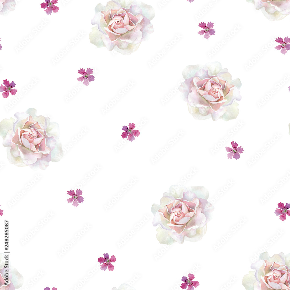 Seamless pattern roses and carnations on a white background. For greetings and invitations