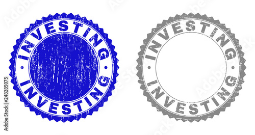 Grunge INVESTING stamp seals isolated on a white background. Rosette seals with grunge texture in blue and grey colors. Vector rubber stamp imprint of INVESTING caption inside round rosette.