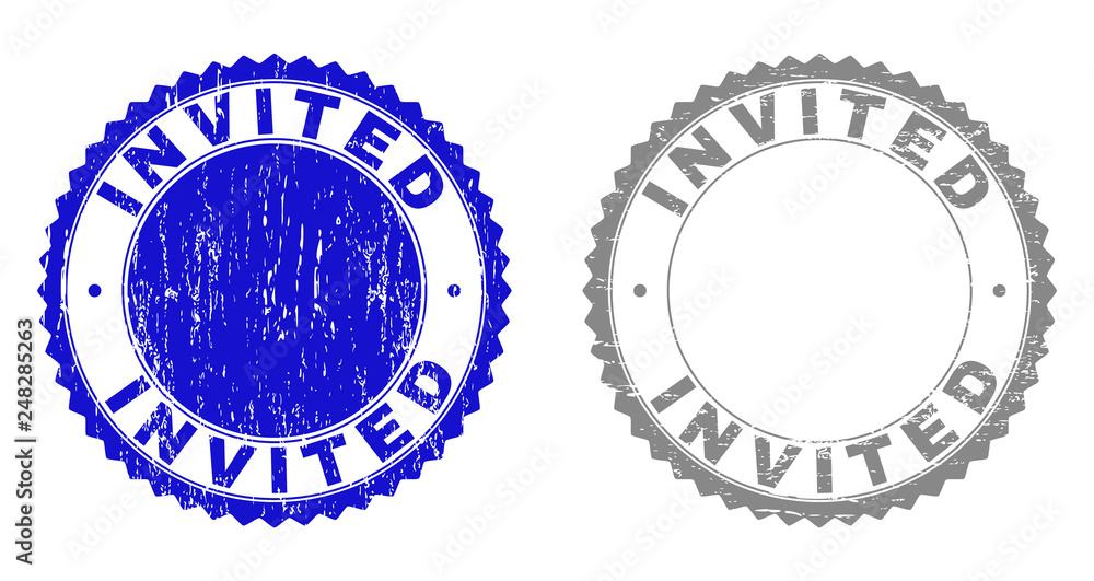 Grunge INVITED stamp seals isolated on a white background. Rosette seals with grunge texture in blue and gray colors. Vector rubber stamp imitation of INVITED label inside round rosette. Grunge INVITED stamp seals isolated on a white background. Rosette seals with grunge texture in blue and gray colors. Vector rubber stamp imitation of INVITED label inside round rosette.