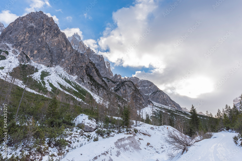 Dolomites. Winter between ice and snow. Tre Scarperi Refuge. On the way to the Tre Cime di Lavaredo Dolomites. Winter between ice and snow. Tre Scarperi Refuge. On the way to the Tre Cime di Lavaredo