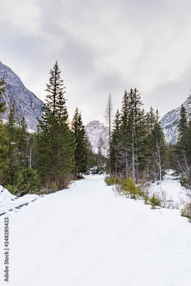 Dolomites. Winter between ice and snow. Tre Scarperi Refuge. On the way to the Tre Cime di Lavaredo Dolomites. Winter between ice and snow. Tre Scarperi Refuge. On the way to the Tre Cime di Lavaredo
