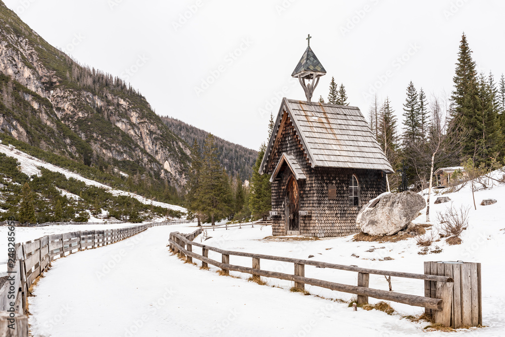 Dolomites. Winter between ice and snow. Tre Scarperi Refuge. On the way to the Tre Cime di Lavaredo