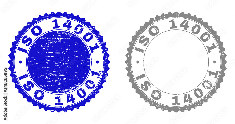 Grunge ISO 14001 stamp seals isolated on a white background. Rosette seals with grunge texture in blue and gray colors. Vector rubber stamp imitation of ISO 14001 label inside round rosette. Grunge ISO 14001 stamp seals isolated on a white background. Rosette seals with grunge texture in blue and gray colors. Vector rubber stamp imitation of ISO 14001 label inside round rosette.
