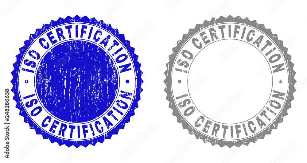 Grunge ISO CERTIFICATION stamp seals isolated on a white background. Rosette seals with grunge texture in blue and gray colors.