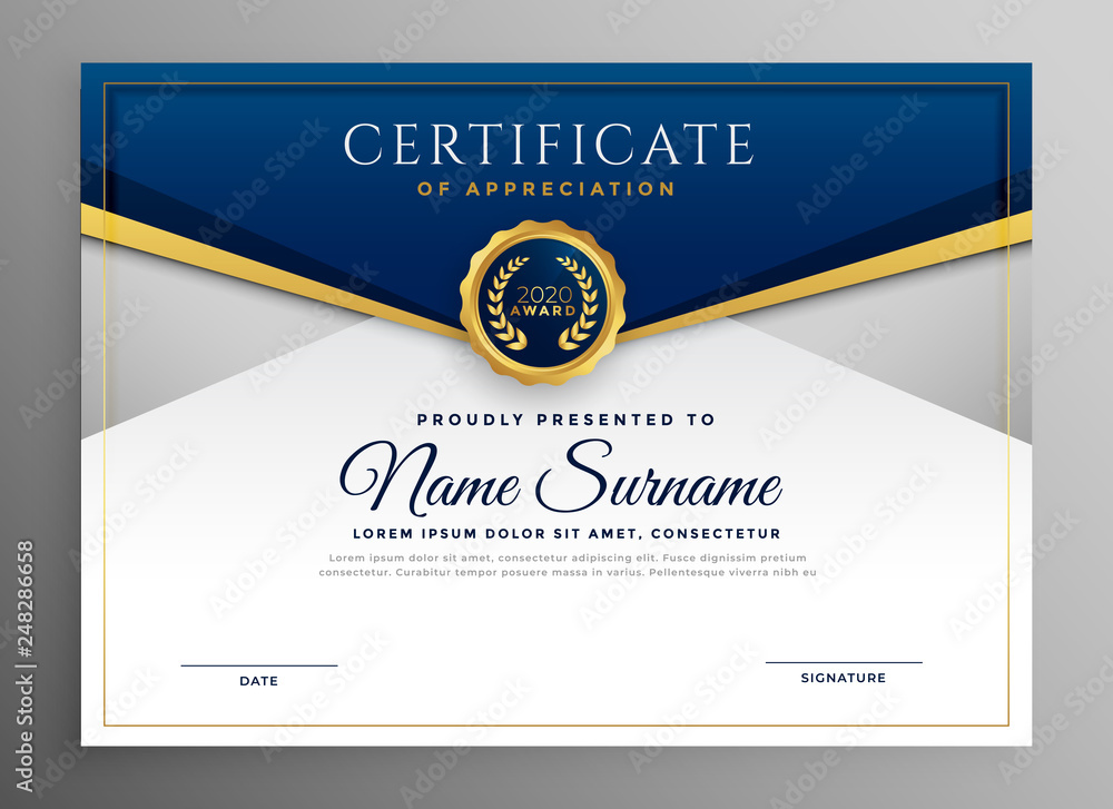 elegant blue and gold diploma certificate template - obrazy, fototapety, plakaty 