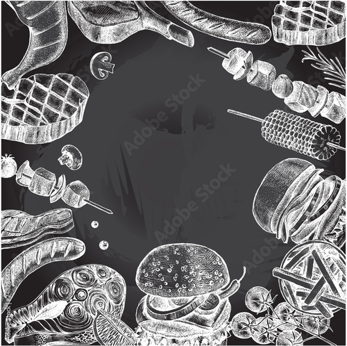 Background with Ink hand drawn meat products, burgers and grilled dishes. Food elements collection. Vector illustration.