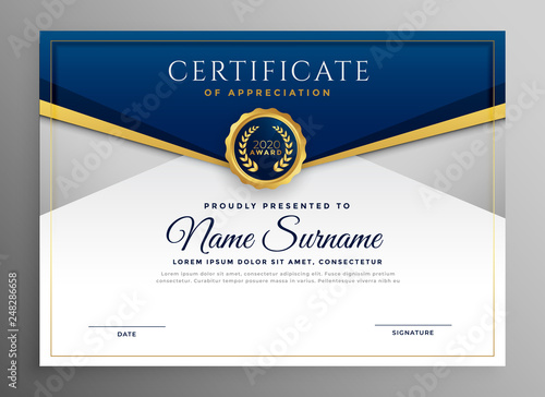 elegant blue and gold diploma certificate template