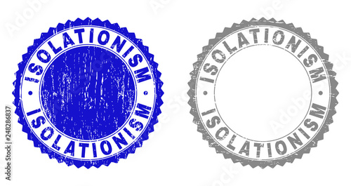 Grunge ISOLATIONISM stamp seals isolated on a white background. Rosette seals with grunge texture in blue and grey colors. Vector rubber stamp imprint of ISOLATIONISM title inside round rosette.