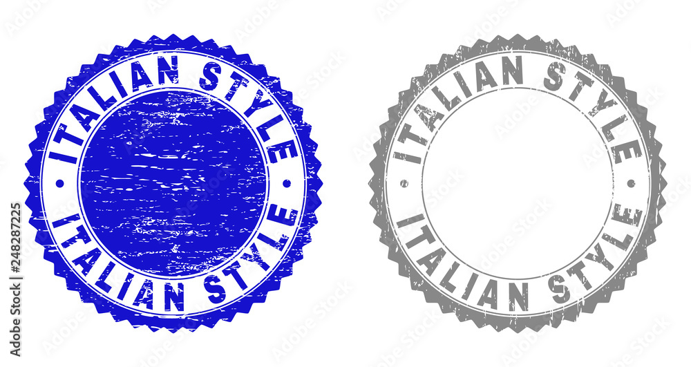Grunge ITALIAN STYLE stamp seals isolated on a white background. Rosette seals with grunge texture in blue and grey colors. Vector rubber watermark of ITALIAN STYLE caption inside round rosette. Grunge ITALIAN STYLE stamp seals isolated on a white background. Rosette seals with grunge texture in blue and grey colors. Vector rubber watermark of ITALIAN STYLE caption inside round rosette.