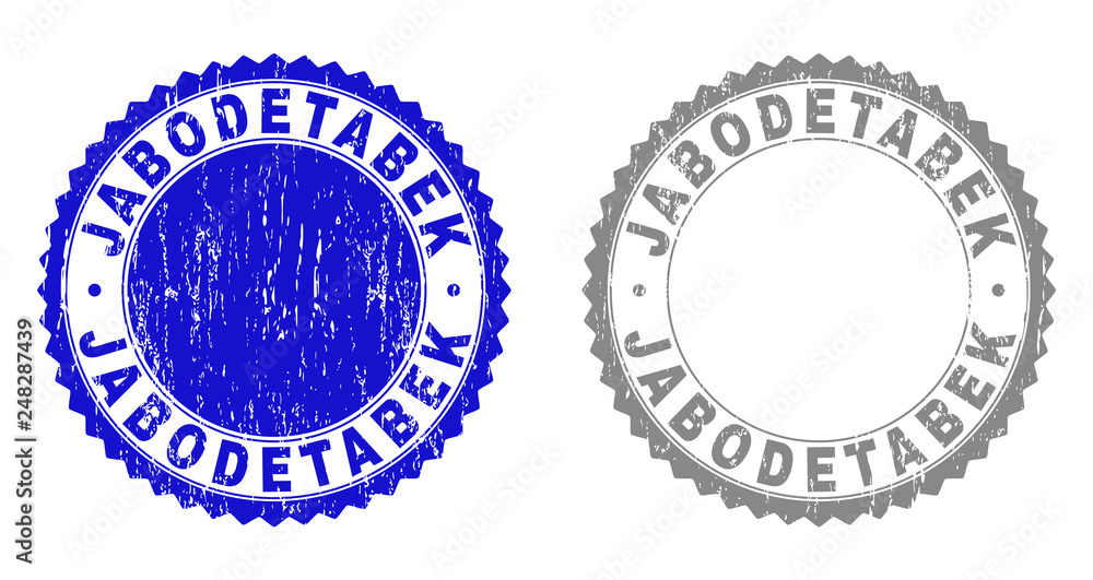 Grunge JABODETABEK stamp seals isolated on a white background. Rosette seals with grunge texture in blue and grey colors. Vector rubber stamp imprint of JABODETABEK caption inside round rosette.