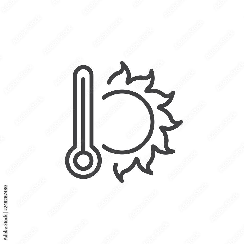 Hot weather line icon. linear style sign for mobile concept and web design. Thermometer and sun outline vector icon. Symbol, logo illustration. Pixel perfect vector graphics Hot weather line icon. linear style sign for mobile concept and web design. Thermometer and sun outline vector icon. Symbol, logo illustration. Pixel perfect vector graphics