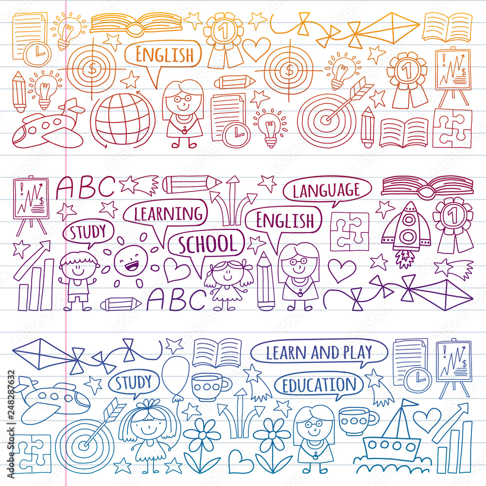 Vector set of learning English language, children's drawingicons in doodle style. Painted, colorful, gradient on a piece of linear paper on white background.