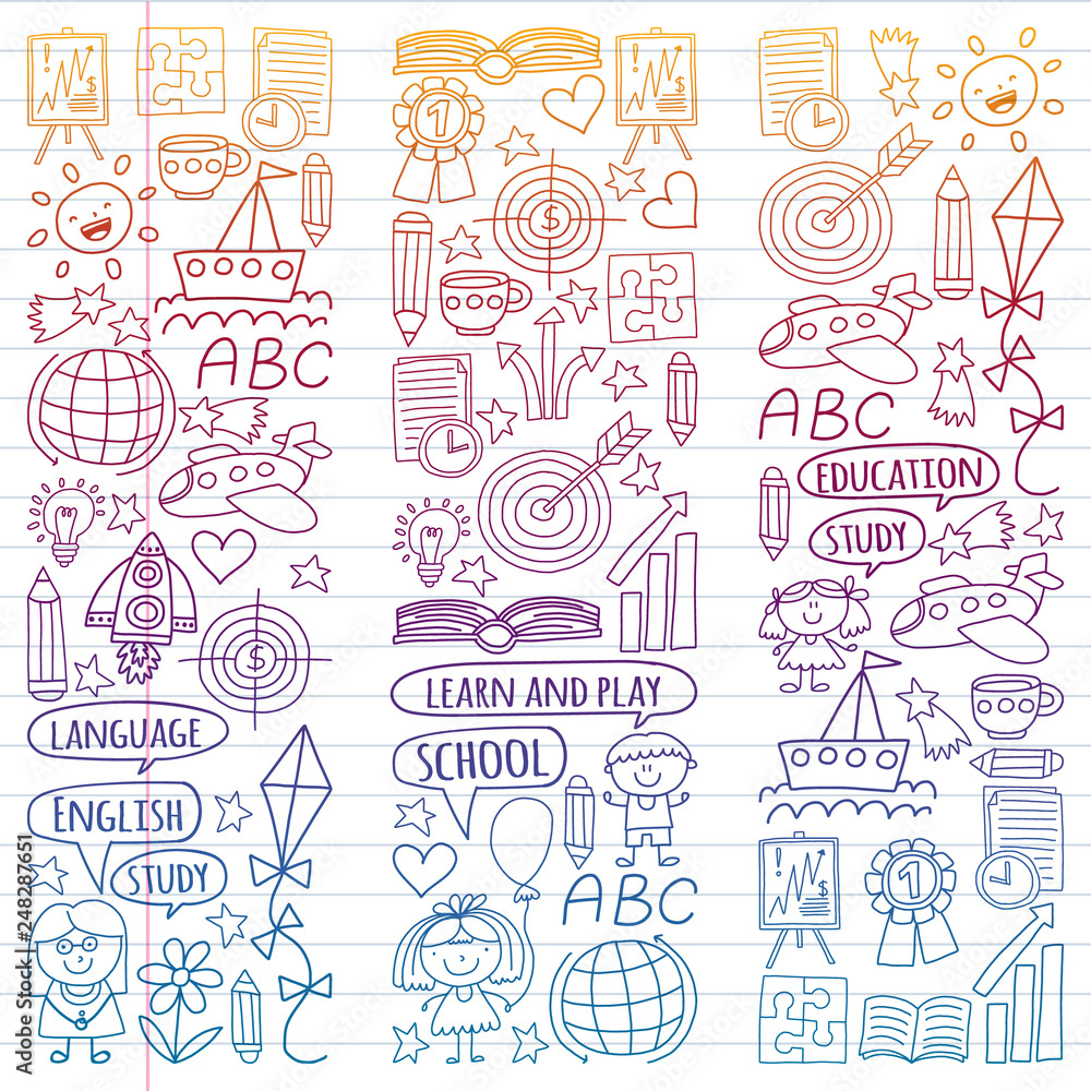 Vector set of learning English language, children's drawingicons in doodle style. Painted, colorful, gradient on a piece of linear paper on white background.