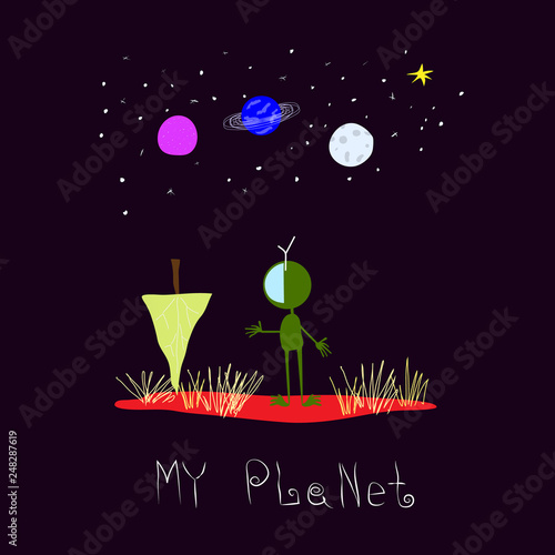 My Planet Universe Space extraterrestrial Star astronaut moon rainbow travel cosmos astronomy graphic design typography element. Hand written postcard. Cute simple vector paper cutout collage - Vector