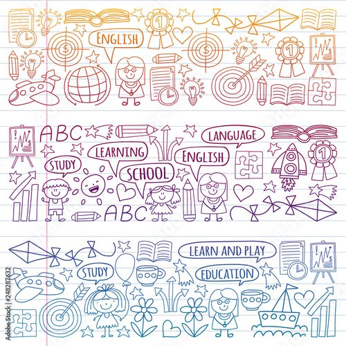 Vector set of learning English language  children s drawingicons in doodle style. Painted  colorful  gradient on a piece of linear paper on white background.