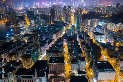 Top view of Hong Kong residential district at night © leungchopan