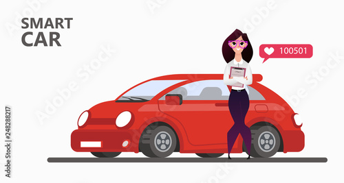 Popular red car on a white background. Happy woman and the new red smart car. Concept of likes in social networks to buy a car - vector