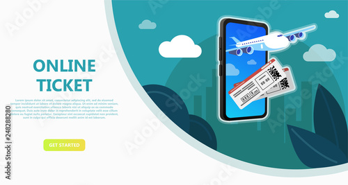 Online travel store, online ticket booking. Buying air tickets from home using your phone, tablet, computer. E-shopping concept. Use for landing page, template, ui, web, mobile app, poster, banner