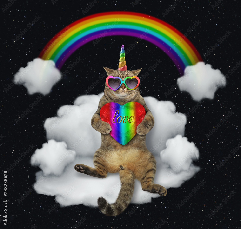 Fototapeta premium The cat unicorn in sunglasses with a color heart is sitting on the cloud like a sofa. The rainbow is behind him. Stars background.