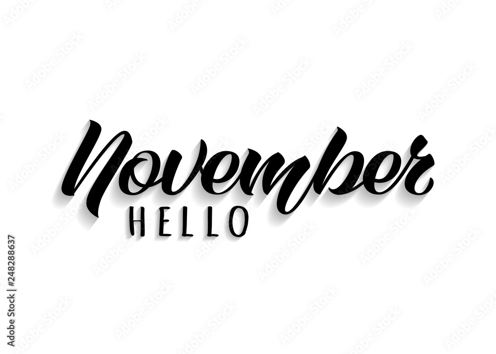 Hello November hand drawn lettering with shadow. Inspirational autumn quote. Motivational print for invitation or greeting cards, brochures, poster, calender, t-shirts, mugs. Hello November hand drawn lettering with shadow. Inspirational autumn quote. Motivational print for invitation or greeting cards, brochures, poster, calender, t-shirts, mugs.